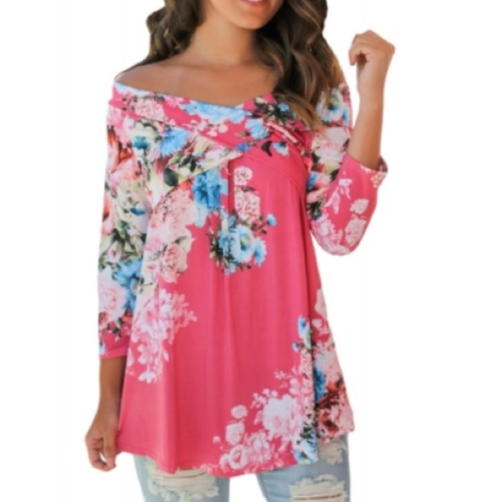 Pink Floral Off Shoulder Crisscross